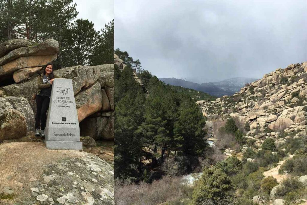 A woman in hiking attire stands next to a monument at Sierra de Guadarrama National Park, surrounded by large boulders. On the right, a scenic view of the mountainous landscape with pine trees and a river cutting through the rocky terrain. Best day trips from Madrid.