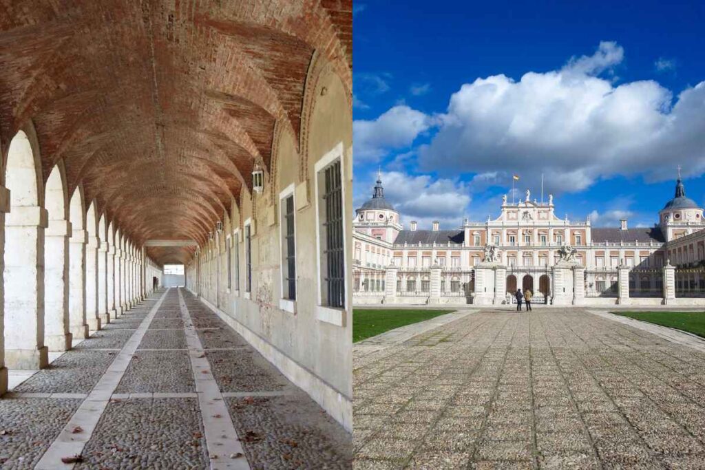 A long, arched walkway with cobblestone flooring, lined with tall brick columns. On the right, a regal palace with an expansive courtyard, intricate architecture, and a bright blue sky. Best day trips from Madrid.