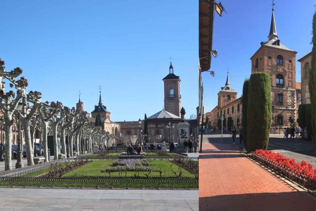 A scenic plaza with manicured gardens and a central gazebo, surrounded by leafless trees and historic buildings. On the right, a charming street with red brick buildings and a neatly trimmed hedge. Best day trips from Madrid.