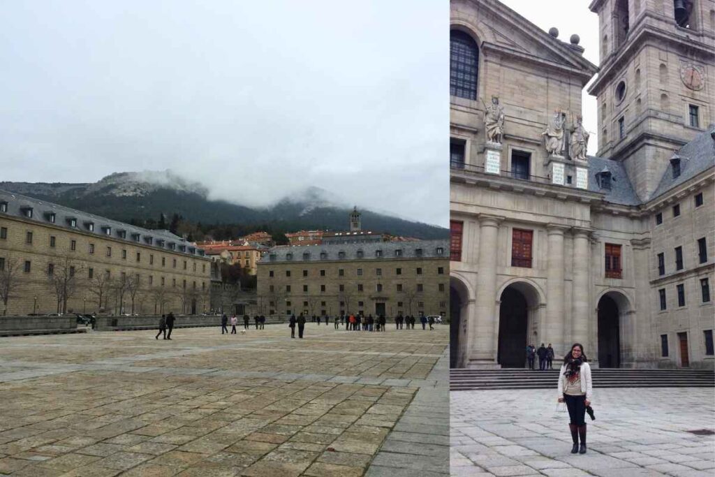 A vast open courtyard with a stone-paved ground, leading to a grand monastery surrounded by misty mountains. On the right, a closer view of the monastery’s façade with statues and towering archways. Best day trips from Madrid.