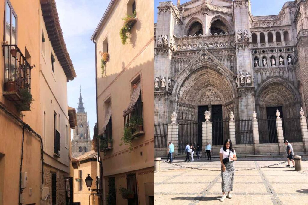 A narrow alleyway with warm-colored buildings, hanging plants, and a distant view of a cathedral spire. On the right, an ornate Gothic cathedral entrance with intricate stone carvings, where a woman in a white top and long skirt stands. Best day trips from Madrid.