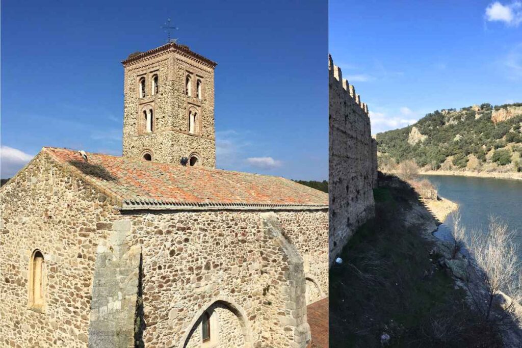 A historic stone church with a square bell tower, its terracotta roof contrasting against a blue sky. On the right, a rugged riverside landscape with medieval fortress walls overlooking the water. Best day trips from Madrid.