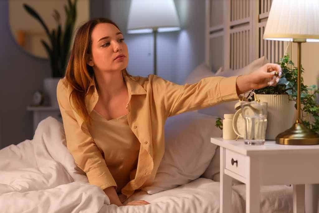 Being a Good Houseguest While Traveling involves caring for the hosting space, illustrated by a woman in a mustard blouse sitting on the edge of a bed, reaching out to gently water a green potted plant on a nightstand, enhancing the cozy ambiance of the room.