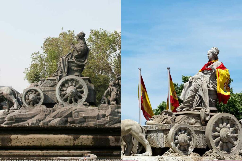 Two views of the Cibeles Fountain in Madrid, showing the goddess Cibeles in a chariot pulled by lions, adorned with Spanish flags.