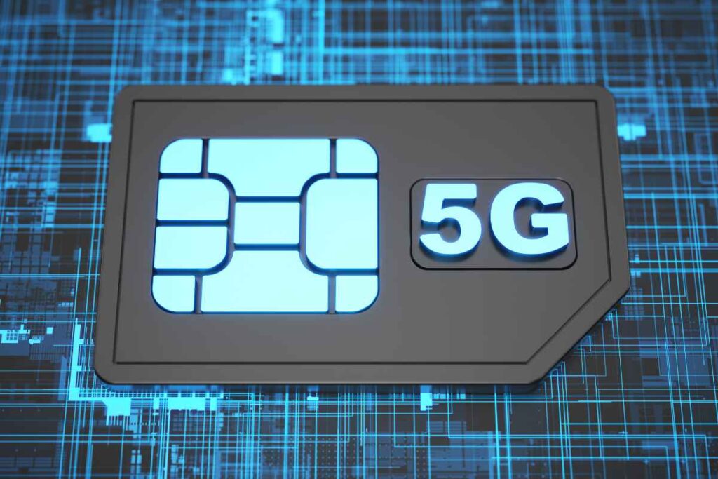 A glowing 5G digital SIM card icon with a blue circuitry background.