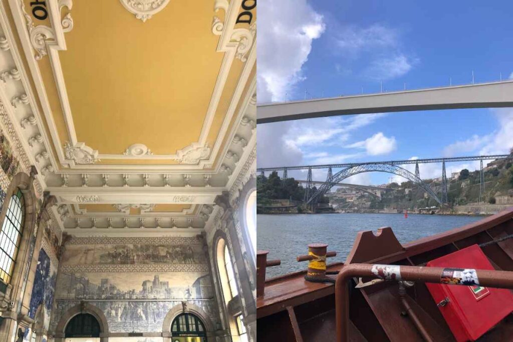 Ornate ceiling details of a historic building in Porto paired with a view of two bridges over the Douro River as seen from a boat. Is Porto Portugal worth visiting for its stunning architecture and river cruises? These views are unforgettable.