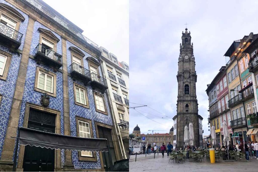 A colorful display of Porto's traditional architecture, featuring a blue-tiled building and the Clérigos Tower. Is Porto Portugal worth visiting for its unique historical landmarks and vibrant cityscape? This photo says yes.