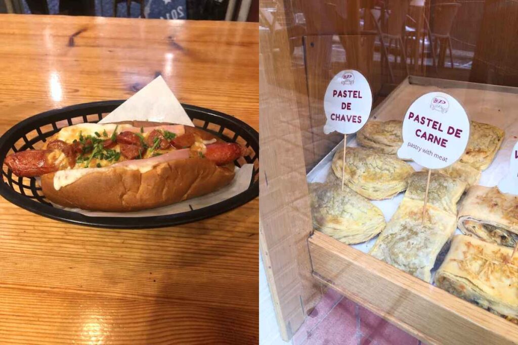 A hot dog dish with chorizo and traditional Portuguese pastries labeled "Pastel de Chaves" and "Pastel de Carne." Is Porto Portugal worth visiting for its culinary delights? This image highlights a must-try food experience.