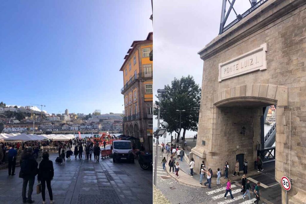 A lively riverside area in Porto with people strolling near yellow-hued buildings and a closer look at the Dom Luís I Bridge. Is Porto Portugal worth visiting for its charming waterfront and cultural ambiance? The photo invites you to explore.