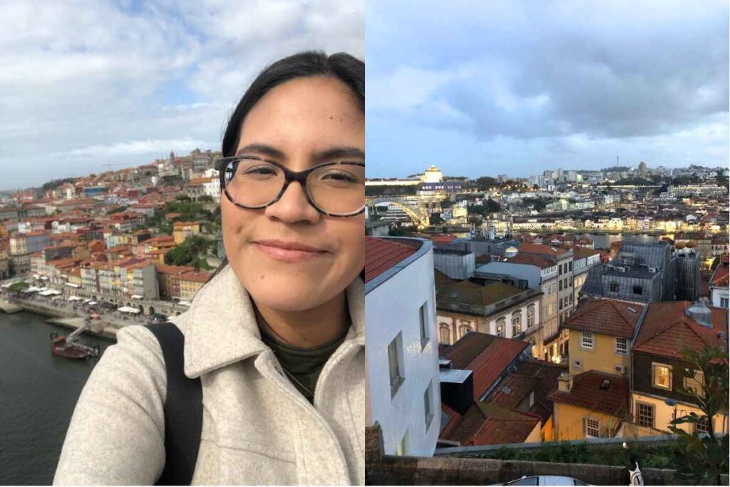 A woman smiling against the backdrop of Porto's famous skyline and a twilight view of the city. Is Porto Portugal worth visiting for its scenic cityscapes at any time of the day? This image proves it.