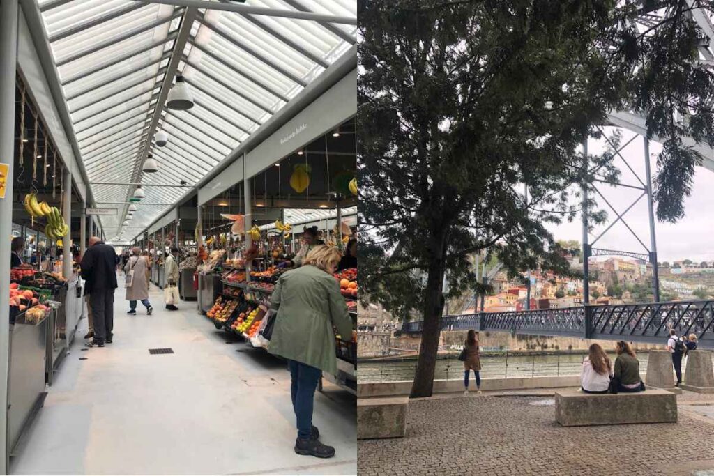 A bustling indoor market in Porto featuring fresh produce and an outdoor riverside park with a view of the Dom Luís I Bridge. Is Porto Portugal worth visiting for its markets and scenic parks? These snapshots suggest it is.