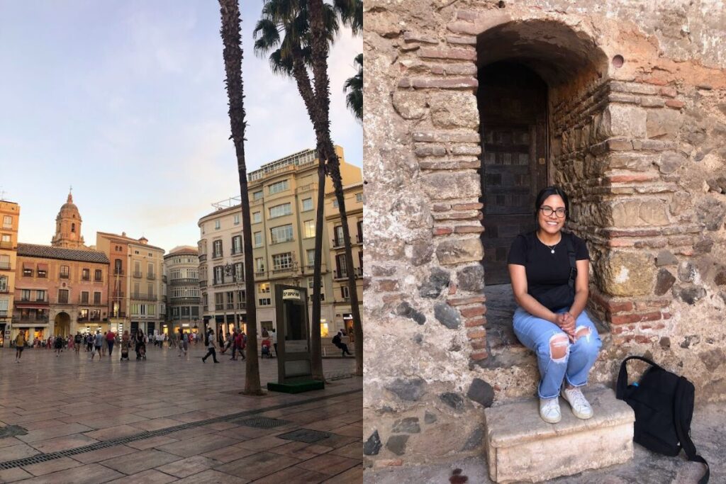 A solo female traveler sitting on the historic walls of the Alcazaba fortress in Malaga, Spain, experiencing Andalusian charm. A featured location in the 13 Best of Solo Female Travel Europe Destinations.