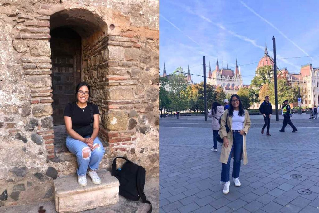 A traveler sitting on an ancient stone ledge inside a historical archway, wearing ripped jeans and white sneakers. The second part of the image shows the same traveler standing in front of the Hungarian Parliament in Budapest, dressed in a casual trench coat, jeans, and sneakers. The outfit highlights stylish yet comfortable choices, showcasing the best shoes for Europe travel.