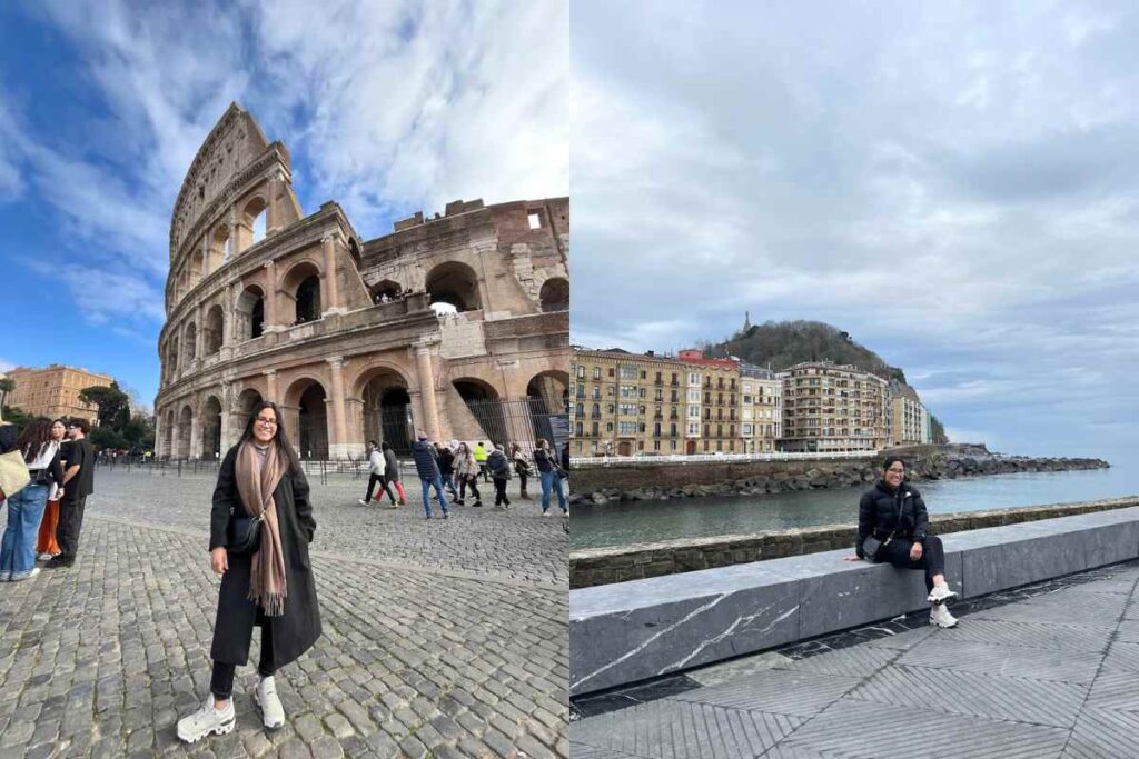 A traveler standing in front of the Colosseum in Rome, Italy, wearing a long black coat, beige scarf, and waterproof sneakers. The second half of the image captures the traveler sitting along the promenade in San Sebastián, Spain, dressed in a black puffer jacket and sneakers, ideal for exploring coastal and urban destinations. This showcases versatile and best shoes for Europe travel.