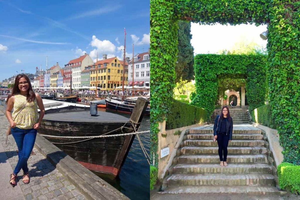 A traveler posing in the colorful Nyhavn harbor in Copenhagen, Denmark, wearing a summery yellow top, jeans, and sandals. The second half of the image captures the traveler standing on picturesque stone steps covered in lush greenery in Spain, dressed in a black jacket and ballet flats, demonstrating stylish and functional footwear options. These are examples of the best shoes for Europe travel.