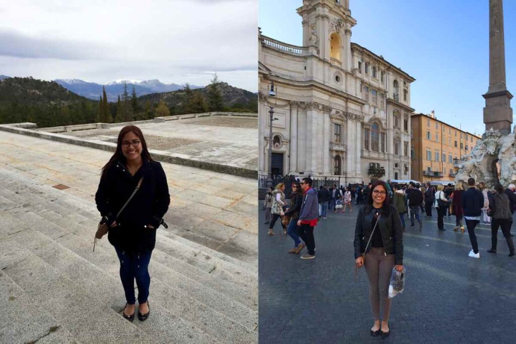 A traveler standing on a stone staircase with a mountainous landscape in the background, wearing a black jacket, jeans, and ballet flats, ideal for a mix of casual and dressy occasions. The second image showcases the traveler in a bustling European square in Rome, Italy, with historic architecture, demonstrating a chic yet comfortable look with flats. These are examples of the best shoes for Europe travel.