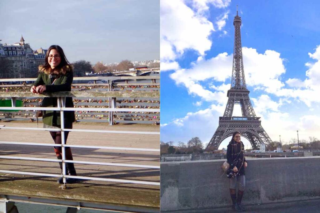 A traveler leaning against a bridge railing in Paris, France, with love locks attached to the metal bars. She wears a green coat, black tights, and knee-high boots. The second image features her standing in front of the Eiffel Tower on a bright, partly cloudy day, wearing a plaid scarf, black tights, and knee-high boots, which are among the best shoes for Europe travel.