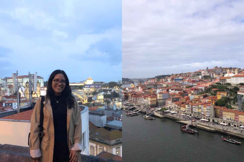 A solo female traveler in Porto, Portugal, enjoying the golden hour with the Dom Luís I Bridge and city lights in the background. Porto is one of the 13 Best of Solo Female Travel Europe Destinations, known for its stunning riverfront and welcoming atmosphere.