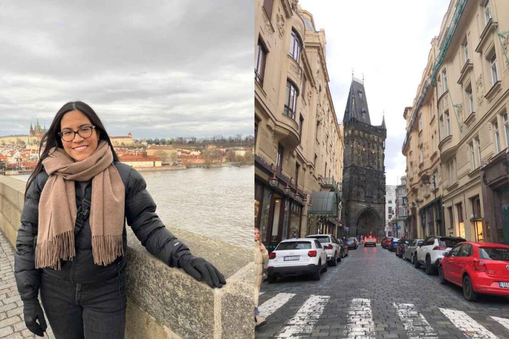 A solo traveler enjoying a walk along Charles Bridge, with Prague Castle in the background. On the right, the historic Powder Tower stands tall among cobblestone streets. Prague is a fairy-tale destination in the 13 Best of Solo Female Travel Europe Destinations.