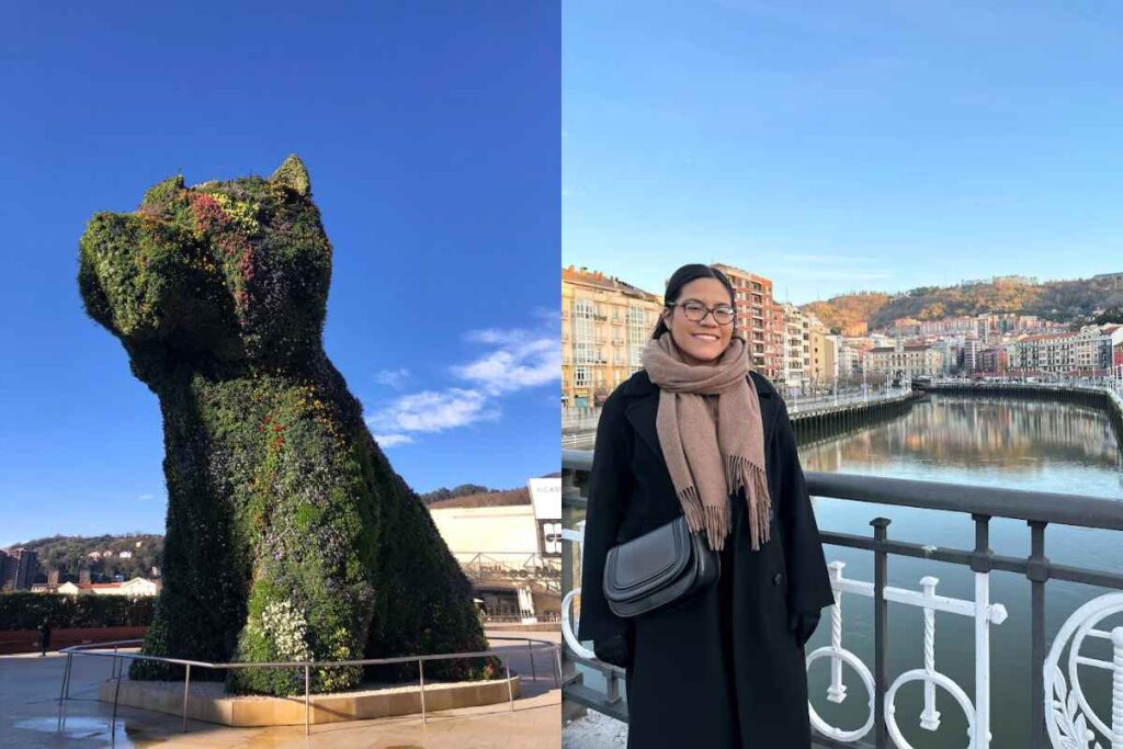 A giant floral sculpture of a puppy outside the Guggenheim Museum in Bilbao, Spain. On the right, a solo female traveler enjoys a scenic view of Bilbao’s riverfront, a great stop in the 13 Best of Solo Female Travel Europe Destinations for culture and architecture.