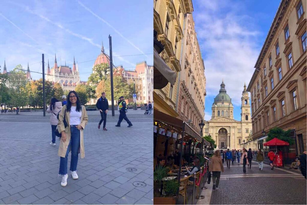 A solo traveler poses in front of the Hungarian Parliament in Budapest, one of the 13 Best of Solo Female Travel Europe Destinations. The right image captures the lively street leading to St. Stephen’s Basilica, filled with outdoor cafés.