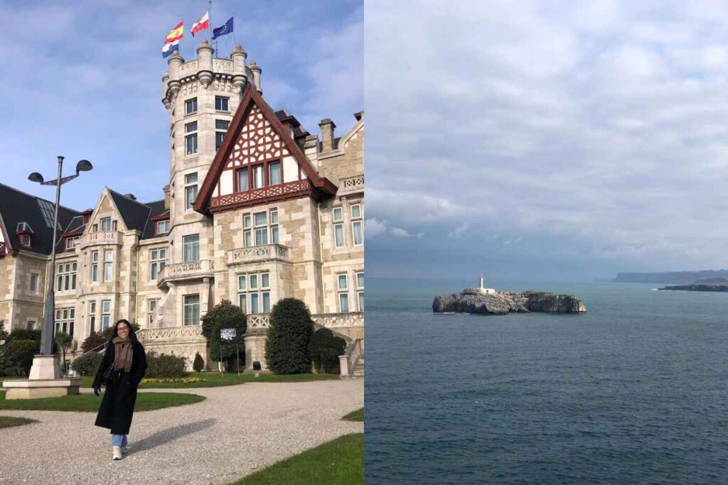 A solo traveler stands in front of the grand Palacio de la Magdalena in Santander, Spain. On the right, a peaceful ocean view with a lighthouse. Santander is a hidden gem in the 13 Best of Solo Female Travel Europe Destinations for coastal charm.