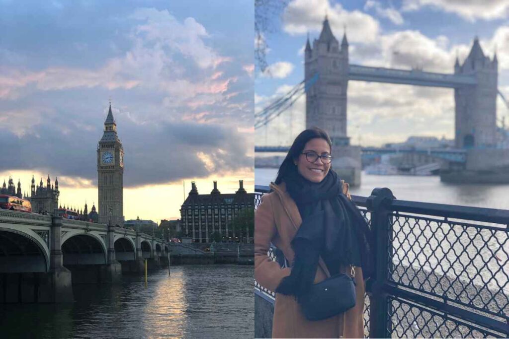 The left image showcases Big Ben at sunset, while on the right, a solo female traveler enjoys a crisp day at Tower Bridge. London is a must-visit in the 13 Best of Solo Female Travel Europe Destinations, offering history, culture, and ease of travel.