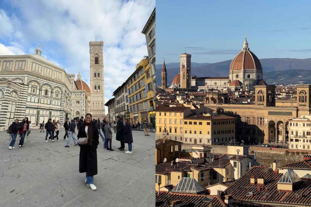 A solo traveler poses in front of the Florence Cathedral (Duomo), while the right image captures a stunning panoramic view of the city's rooftops. Florence ranks high in the 13 Best of Solo Female Travel Europe Destinations for art, food, and walkability.