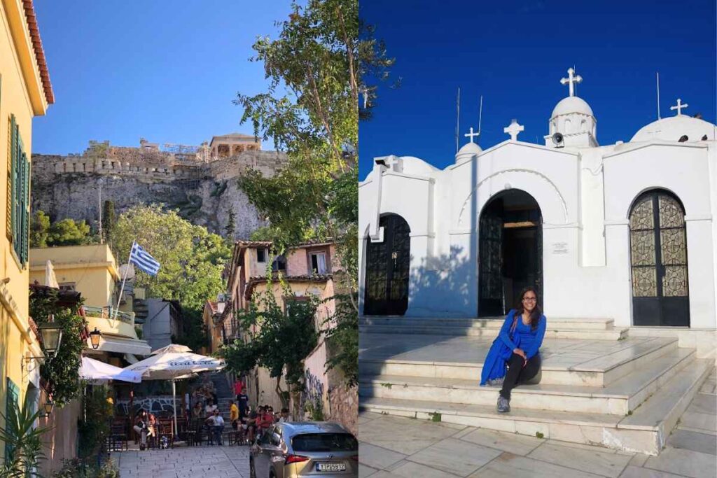  lively street scene in Athens with a view of the Acropolis, and a solo traveler sitting on the steps of a charming white chapel. Athens is a highlight of the 13 Best of Solo Female Travel Europe Destinations, offering ancient history and vibrant city life.