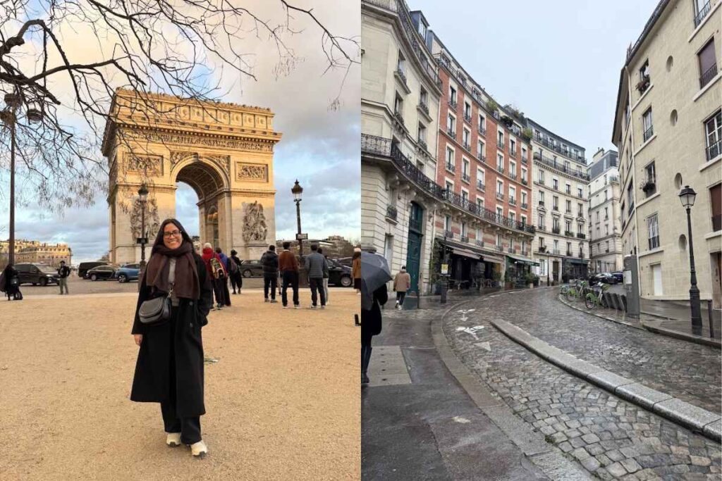 A solo female traveler in front of the Arc de Triomphe, one of Paris’s iconic landmarks. On the right, a charming curved street in Montmartre with cozy cafés. Paris is a timeless choice in the 13 Best of Solo Female Travel Europe Destinations for solo explorers.