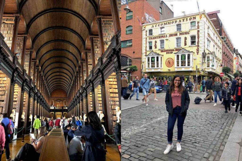 The breathtaking interior of the Long Room at Trinity College Library, and a solo traveler in the lively Temple Bar district. Dublin is a must-visit in the 13 Best of Solo Female Travel Europe Destinations, known for its literature, history, and friendly locals.