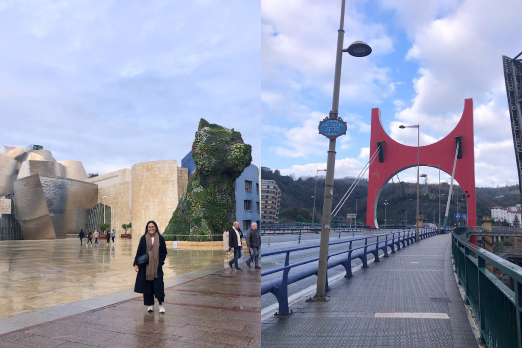 A traveler standing in front of the Guggenheim Museum Bilbao with the iconic Puppy sculpture covered in greenery on a rainy day. Next to it, a view of the red La Salve Bridge, a well-known landmark in Bilbao. Exploring nearby cities like Bilbao is one of the best things to do in Vitoria-Gasteiz for first-time visitors looking for unique cultural experiences.