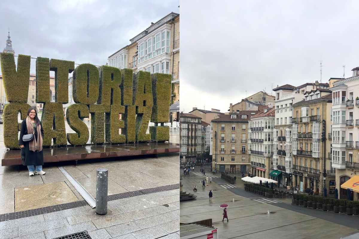 On the left, a traveler poses in front of the famous "Vitoria-Gasteiz" green sign, a popular photo spot in the city's main square. On the right, a panoramic view of Plaza de la Virgen Blanca shows charming historic buildings and locals enjoying the plaza, making both locations essential stops when looking for things to do in Vitoria-Gasteiz.